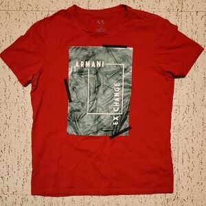 Armani Exchange Red Wrinkled Tape Logo Spellout T Shirt